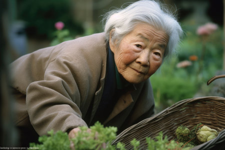 Female Asian elderly gardening in backyard plants grass. Generative AI AIG23.の素材