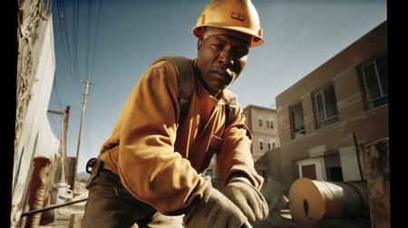 Construction Worker Male African-American Mature Using a jackhammer on a construction site in Outdoor construction site. Generative AI AIG22.の素材