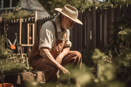 Male Native American 60s gardening in backyard plants overalls. Generative AI AIG23.の素材