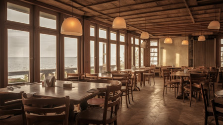 The restaurant interior with wooden furniture and lighting equipment in beautiful view outside the window. Generative AI AIG27.の素材