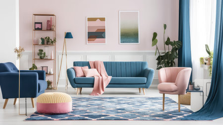 Patterned carpet in pink and blue living room interior with sofa against white wall. Generative AI AIG18.の素材