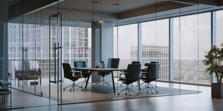 Meeting room office interior glass sectioning with large window. Generative AI AIG18.の素材