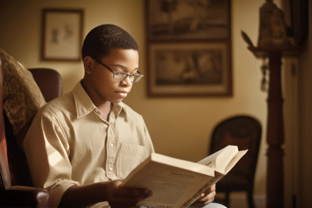 Male African American teenager reading books in home library casual relaxing. Generative AI AIG23.の素材