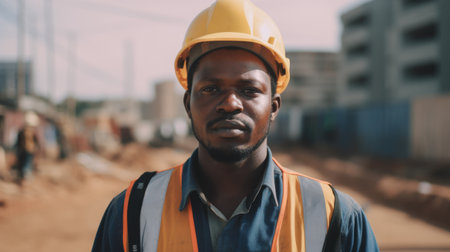 30s male african Civil Engineer with determined face at construction site. Generative AI AIG21.の素材