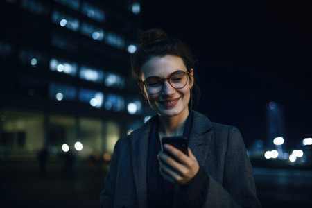 Wide angle shot of a young caucasian businesswoman executive using mobile phone with background of modern office buildings at night. Generative AI AIG18.の素材
