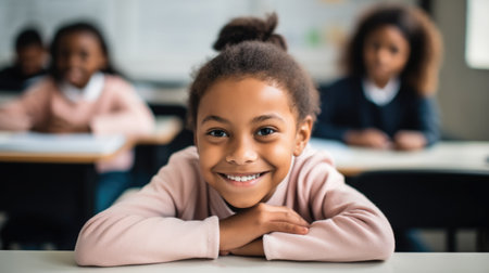 Happy African-American girl sitting in a classroom at school. Generative AI AIG21.の素材
