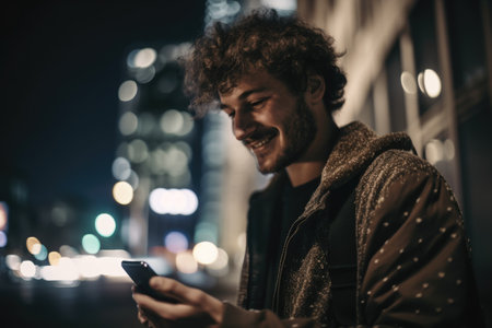 Low angle shot of a young caucasian man trendy clothes using mobile phone with background of urban city street at night. Generative AI AIG18.の素材