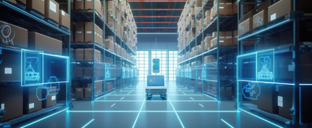 Smart warehouse with transporter robots and holographic dashboard. Generative AI AIG21.の素材