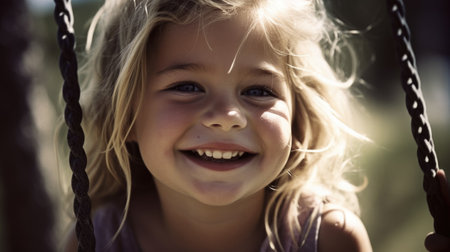 Close up smiling face, young blond girl playing on a swing, happiness, childhood, freedom, vitality, outdoor fun, carefree, sunlight. Generative AI AIG20.の素材