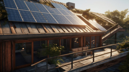 Close up view of solar panels on house rooftop . Generative AI AIG19.の素材