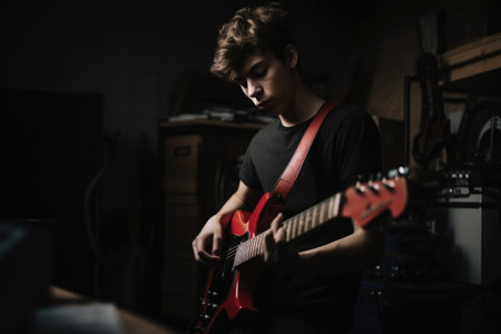 Male Caucasian teenager playing guitar in garage activity music. Generative AI AIG23.の素材