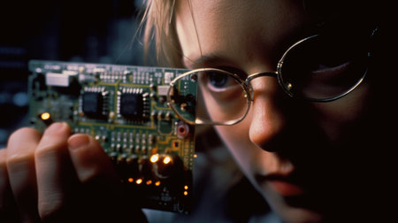 Electrical Engineer Female Caucasian Middle-Aged Designing and testing electrical systems for buildings and products in Engineering lab. Generative AI AIG22.の素材