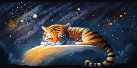 A cute and adorable tiger is sleeping under night sky between stars pillow. Generative AI AIG16.の素材