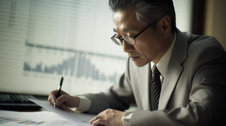 Financial Analyst Male Asian Mature Analyzing financial data and making investment recommendations in Conference room. Generative AI AIG22.の素材