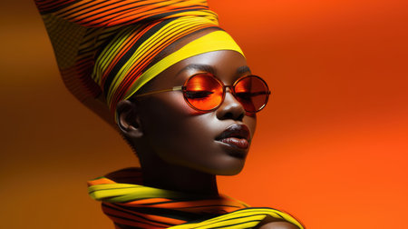 Young african female model posing with trendy fashion outfit and colorful vibrant orange optical art abstract background. Picturesque generative AIの素材