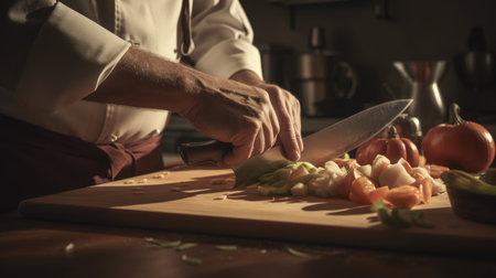 Chef Male Caucasian Middle-aged Chopping vegetables in Kitchen. Generative AI AIG22.の素材