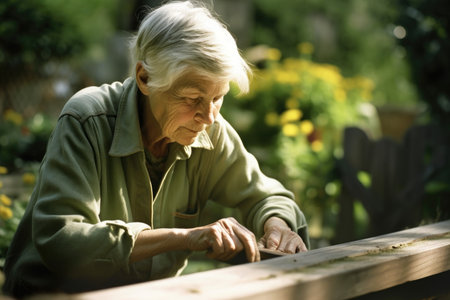 Female Caucasian elderly gardening in backyard plants Earthly. Generative AI AIG23.の素材