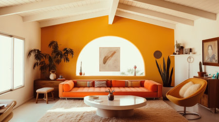 Bright and minimalist 70s interior design of orange toned living room with triangle ceiling. Generative AI AIG27.の素材