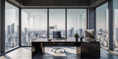 Interior of modern office with computer on desk with a large window. Generative AI AIG18.の素材