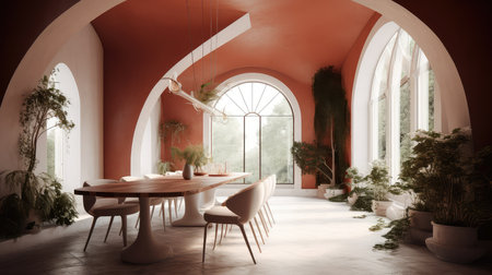 Futuristic curvilinear interior minimal dining room. Generative AI AIG18.の素材