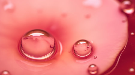 Translucent oil drops in liquid on smooth rose blurred background. Generative AI AIG21.の素材