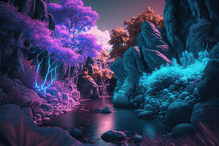 Fairyland scenery in wonderful ultraviolet forest like in fairytale scene. Designed by neon light with duo tone in purple and blue color with natural background. Glorious generative AI.の素材