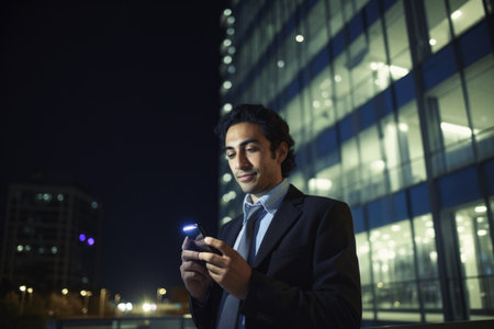Wide angle shot of a young mexican hispanic businessman executive using mobile phone with background of modern office buildings at night. Generative AI AIG18.の素材