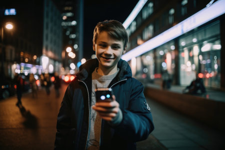 Wide angle shot of a young caucasian 10-year-old little boy trendy clothes using mobile phone with background of urban city street at night. Generative AI AIG18.の素材