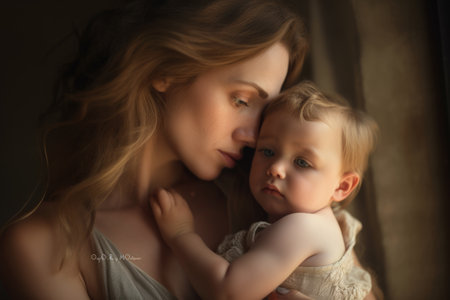 The strength and beauty of caucasian motherhood in a single image. Generative AI AIG18.の素材