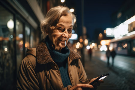 Wide angle shot of a senior caucasian woman trendy clothes using phone. Generative AI AIG18.の素材