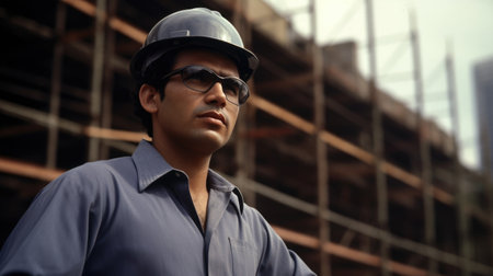 30s male hispanic Civil Engineer with determined face at construction site. Generative AI AIG21.の素材