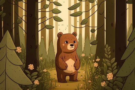 Brown bear in a forest super cute cartoon art style nordic style. Generative AI AIG16.の素材