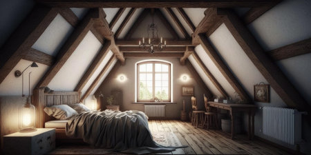 Bedroom of an old house located in the attic with oak floor sloping ceilings wooden beam. Generative AI AIG16.の素材