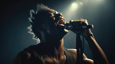 Heavy Metal Singer Male African-American Young Adult Performing live music for an audience, singing heavy metal songs in music festival. Generative AI AIG22.の素材