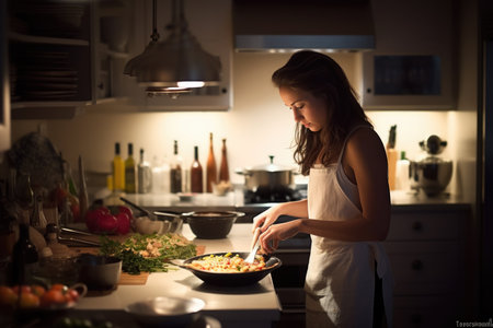 Female Caucasian American young adult cooking a meal in kitchen. Generative AI AIG23.の素材