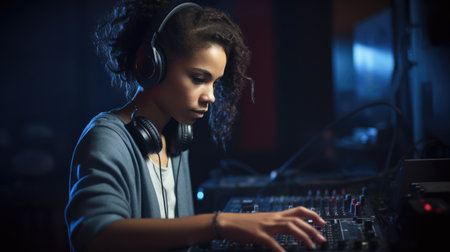 DJ Female African-American Young Adult Playing music at a nightclub or other event, using DJ equipment. Generative AI AIG22.の素材