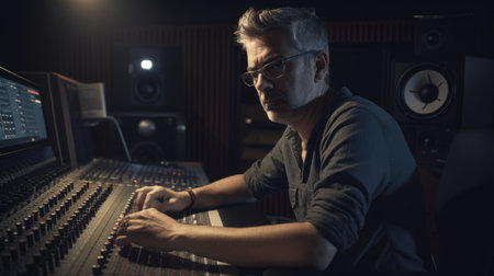 Music Producer Male Caucasian Middle-Aged Mixing and producing music in Recording studio. Generative AI AIG22.の素材
