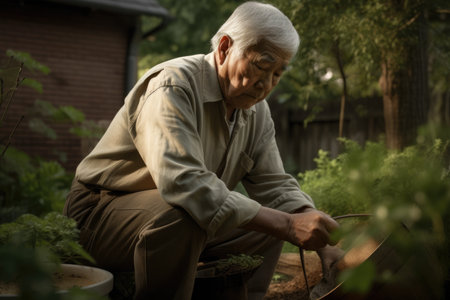 Male Hispanic elderly gardening in backyard plants Earthly. Generative AI AIG23.の素材