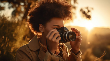Photographer Female African-American 50s Taking photos on location in Outdoor location. Generative AI AIG22.の素材