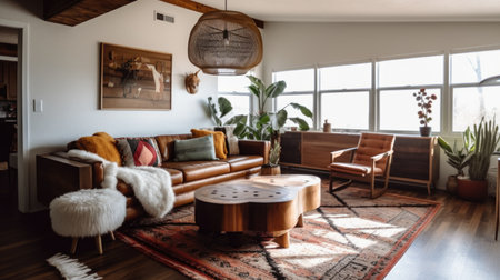 Living room decor, home interior design . Mid-century modern Bohemian style with Fireplace decorated with Wood and Brass material . Generative AI AIG26.の素材