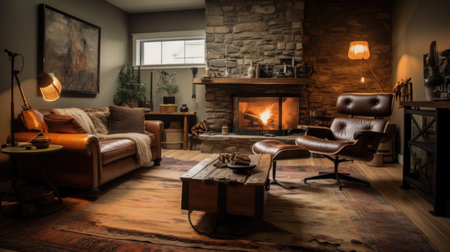 Living room decor, home interior design . Rustic Industrial style with Stone Fireplace decorated with Wood and Metal material . Generative AI AIG26.の素材