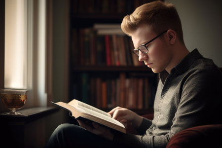 Male Caucasian young adult reading books in home library casual relaxing. Generative AI AIG23.の素材