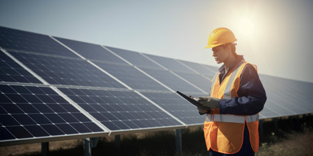 Female engineer working at solar farm wearing hard hat. Generative AI AIG20.の素材