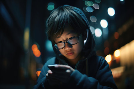 Low angle shot of a young chinese japanese 10-year-old little boy trendy clothes using mobile phone with background of urban city street at night. Generative AI AIG18.の素材