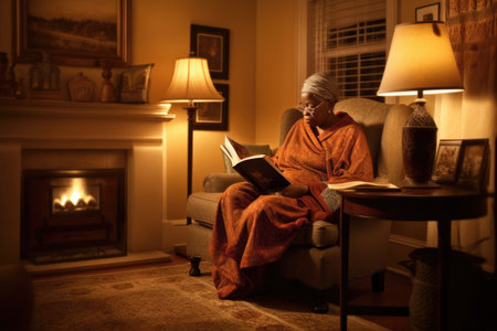 Female African senior reading books in living room casual relaxing. Generative AI AIG23.の素材