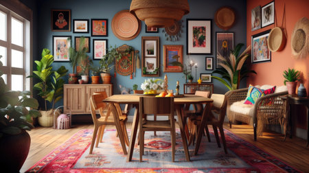 Interior design inspiration of Bohemian Global style home dining room loveliness decorated with Wood and Textile material and Gallery Wall .Generative AI home interior design .の素材