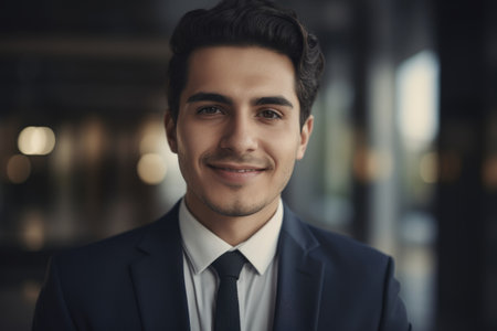Young smart hispanic businessman, smiling face, standing in blur background of modern office building. Generative AI AIG20.の素材