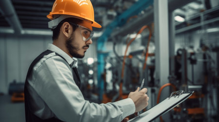 Hispanic engineer male writing checklist with serious looking, standing inside the smart factory with robotic arm and blur background. Generative AI AIG20.の素材