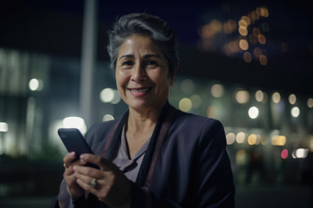 a senior mexican hispanic businesswoman executive using mobile phone with background of modern office buildings at night Generative AI AIG18.の素材