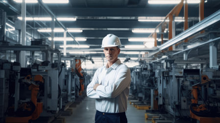 40s engineer, wearing hardhat, standing in blur background of smart factory with robotic arms. Generative AI AIG20.の素材